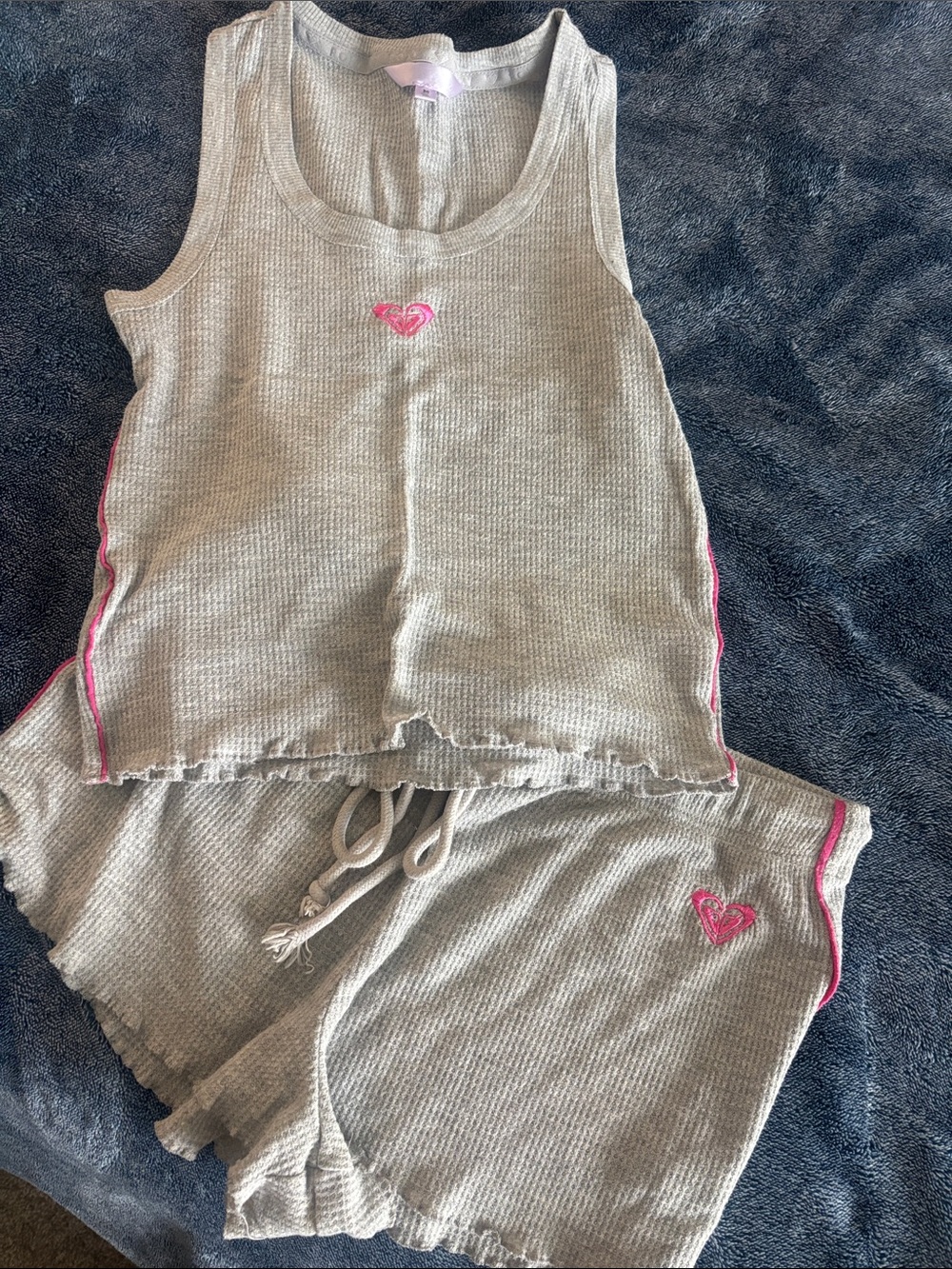 Girls' Gray Tank & Shorts Pajama Set with Pink Heart Trim